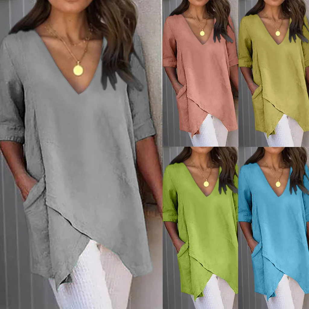 

2019 New Tshirt Women Casual Solid Irregular V-Neck Short Sleeve Pockets T-shirt Tops Poleras Camiseta Mujer Harajuku T Shirt