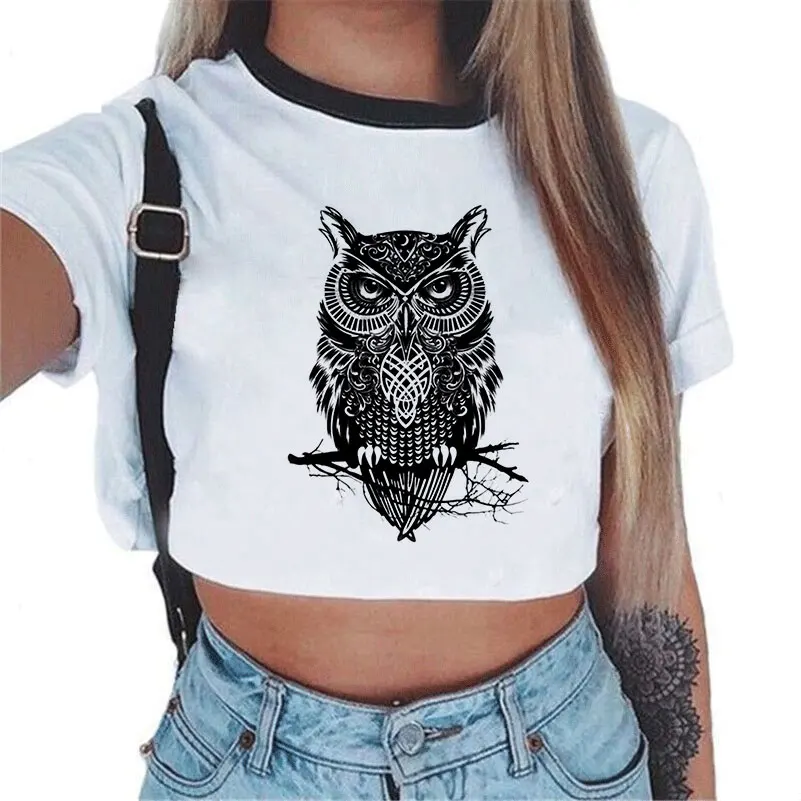 

CDJLFH New Women Sexy Crop Top Shirt Fashion Owl 3D Print Short Sleeve O-Neck White Blouse Women Crop Top Blouses