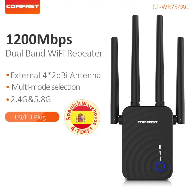Tanie COMFAST CF WR754AC 1200 mb s bezprzewodowy przedłużacz zasięgu wi fi 2.4 5Ghz dwuzakresowy wzmacniacz sygnału z 4 antenami Ethernet