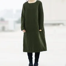 Women Retro Winter padded Dress Round Neck Solid Color Thick Dress Padded Clothing Ladies Mid Calf Loose Dress