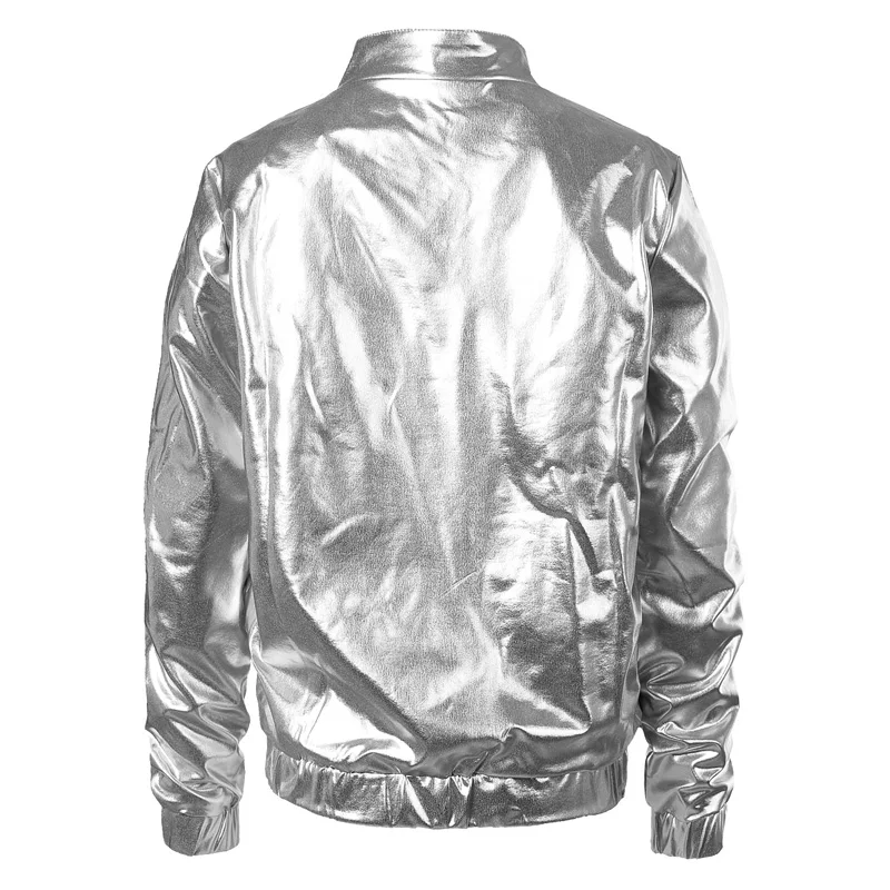 New  Silver Metallic Coated Bomber Jacket Women Shiny Night Club Baseball Varsity Jacket Womens Zipper F