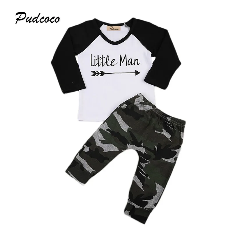 

2PCS Set Little Man Newborn Baby Boy Clothes Long Sleeve V-neck T-shirt Tops+ Camouflage Pant Outfit Children Clothing