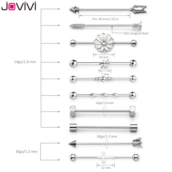 Jovivi 7/10 шт. 14G+ 16G Нержавеющая сталь Длинные Промышленные Штанги ушной хрящ Хеликс-раковины пирсинг Бар серьги-гвоздики 38/48/59 мм - Окраска металла: 10pcs Set