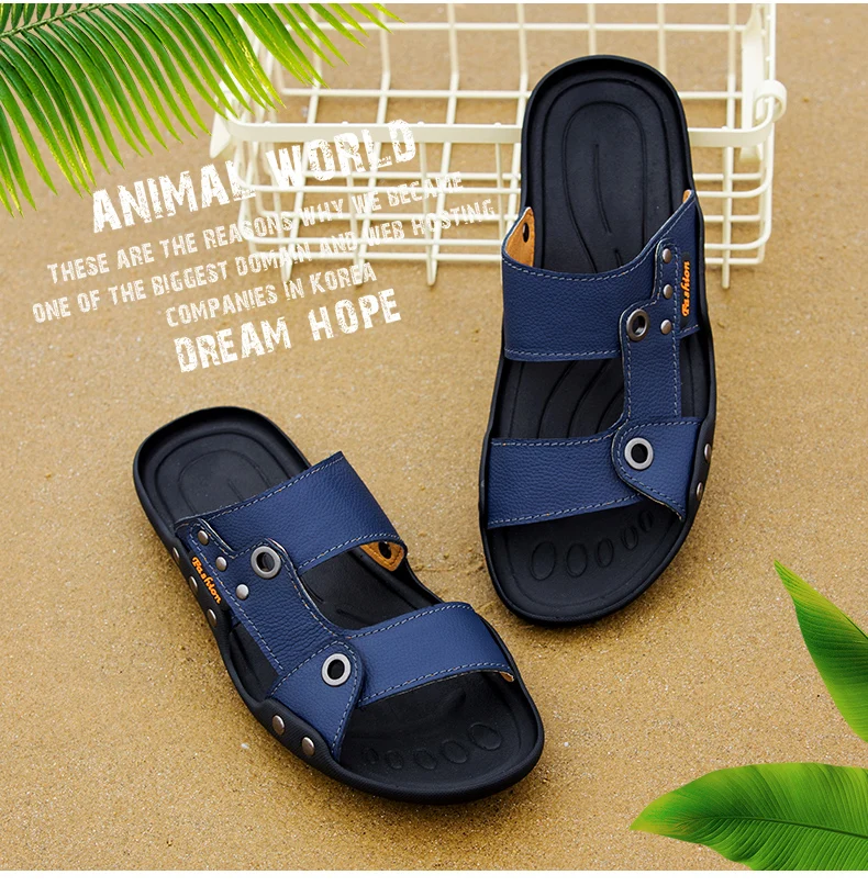 VKERGB Male flip flops Men sandals Mens slippers outdoor Summer sandals for men Brand leather shales house slippers man Blue Hot