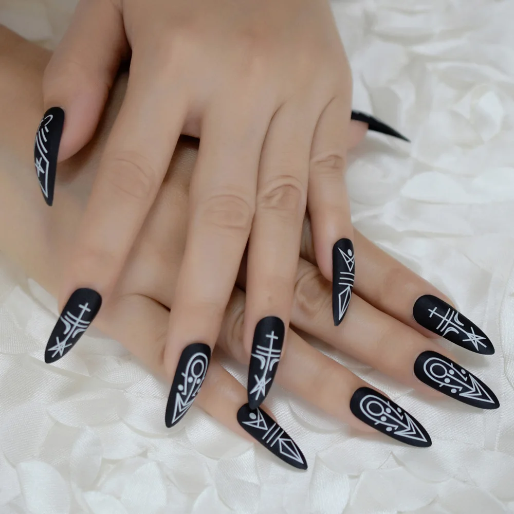Экстра длинные Матовые акриловые искусственные ногти черная ведьма Хэллоуин украшения дизайн поддельные ногти изогнутые длинные маникюрные советы - Цвет: L5174