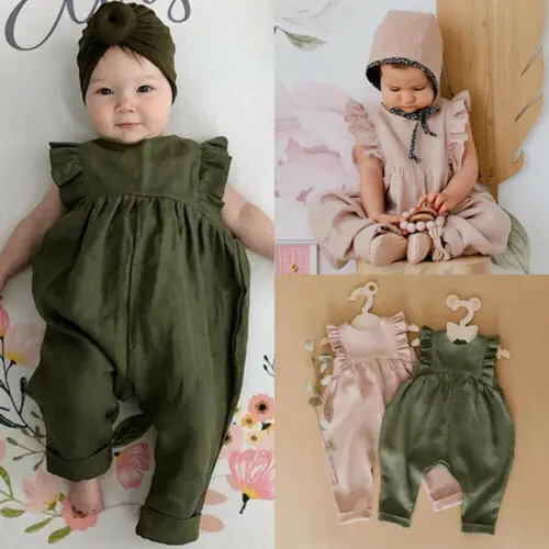 

2019 Baby Girl summer clothing Solid Ruffle Sleeve Romper Jumpsuit Headband Outfits for Kid clothes toddler Children newborn