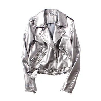

New Spring Autumn Fashion Silver PU Leather Jackets for Women All-match Turn Down Collar Feminine Motorcycle Faux Leather Coat