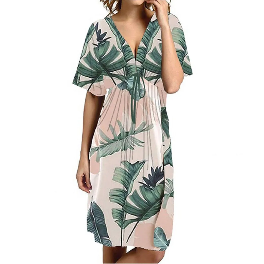 

KLV 2019 latest women's sexy floral casual dress V-neck short-sleeved knee-length dress free shipping D4