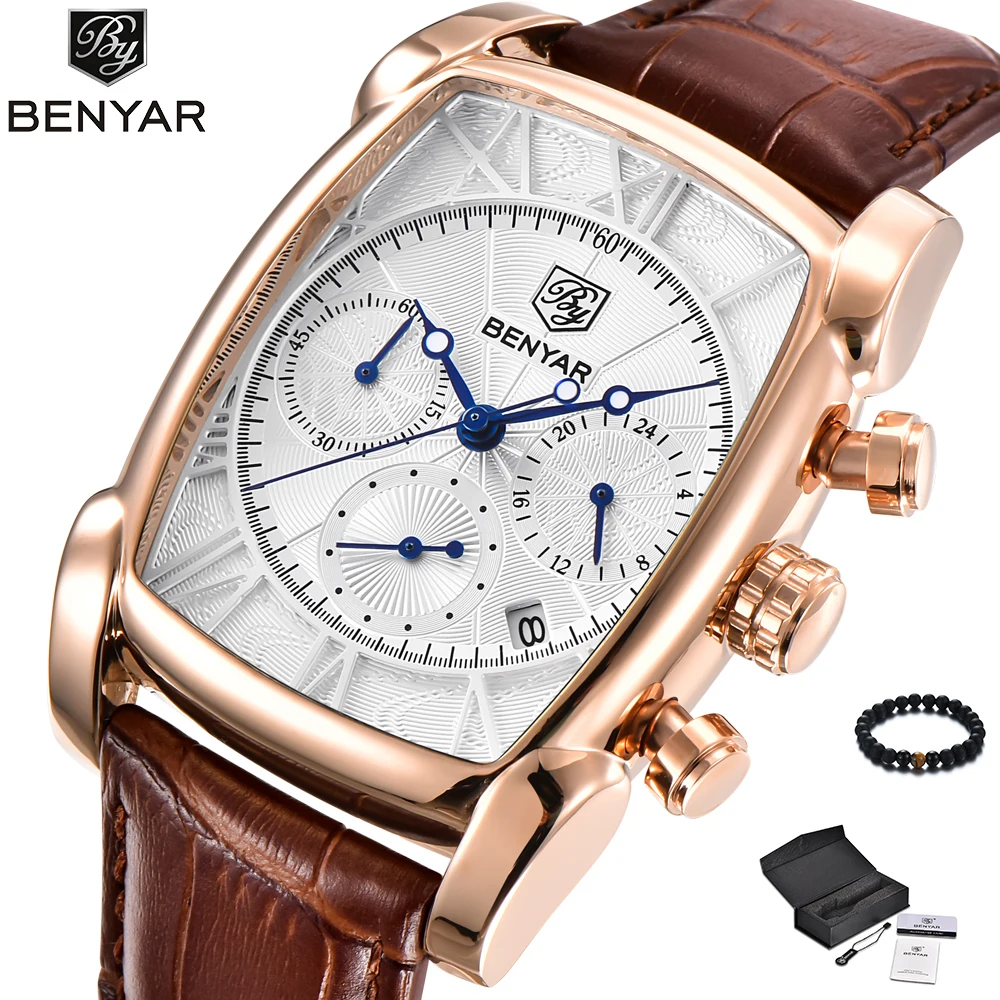 Kopen BENYAR Rose Gouden Horloge Mannen Mode Quartz heren Horloges Top Brand Luxe Chronograph Lederen Sport Polshorloge Relogio Masculino