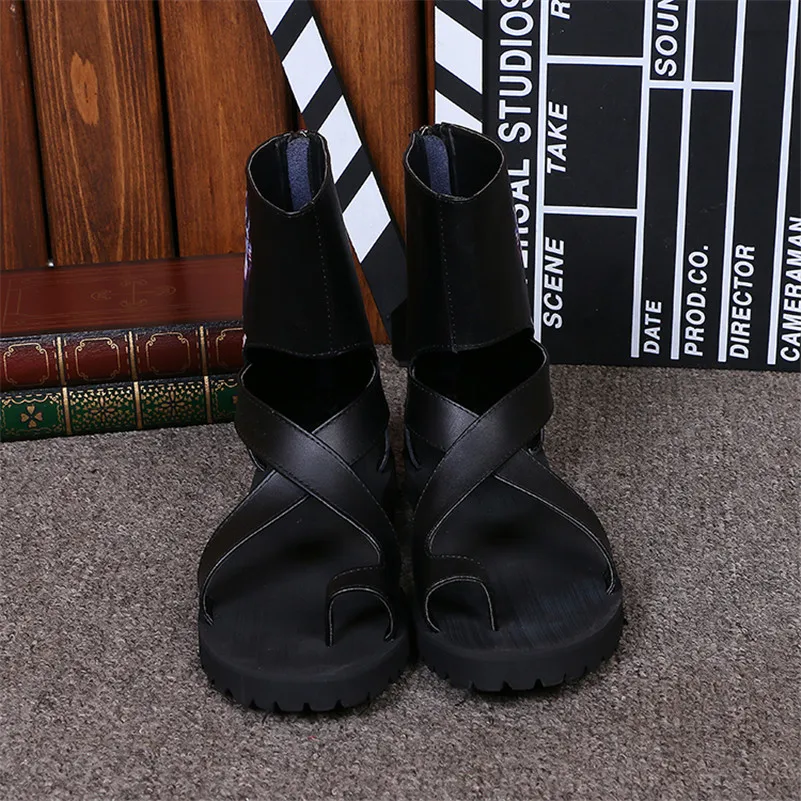 Г. летние сандалии на плоской подошве с ремешками мужские черные кожаные сандалии с ремешком на лодыжке сандалии с вырезами на молнии сзади Размер 45