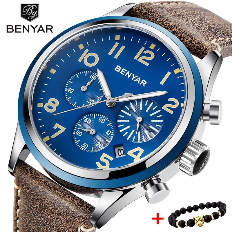 

BENYAR Top Brand Luxury Men Business Leather Watch Army Military Chronograph Watch Male Quartz Wrist Watches Erkek Kol Saati