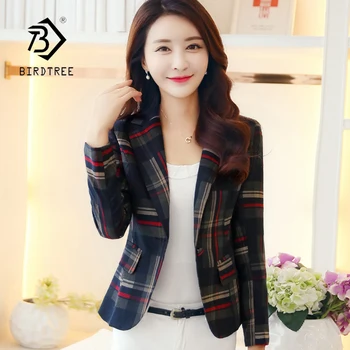 

New Arrival Women Blue Plaid Notched Long Sleeve Single Button Jacket Office Lady Elegant Fashion Short Tops Hot Sales C86910F