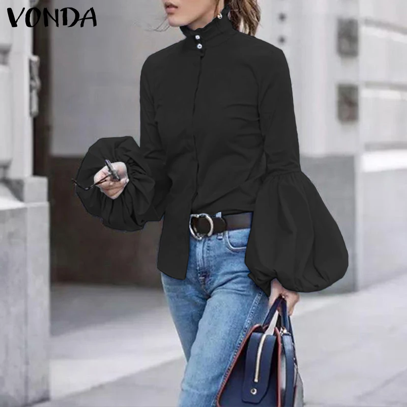 

Plus Size White Tunic Women's Blouse VONDA 2019 Fashion Female Long Lantern Sleeve Solid Tops Femme Casual Blusas Outwear Top