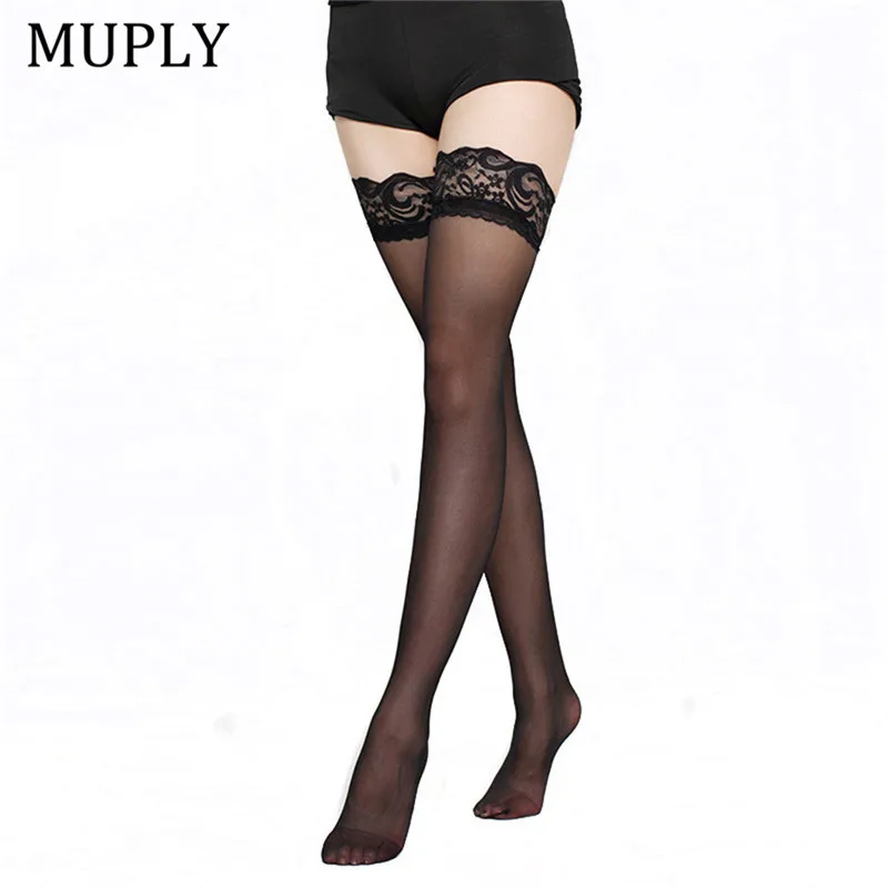 

Women Lace Top Stockings Black White Ultrathin Sheer Silk Over Knee Thigh High Hosiery Sexy Lingerie Sheer Stay Up Underwear