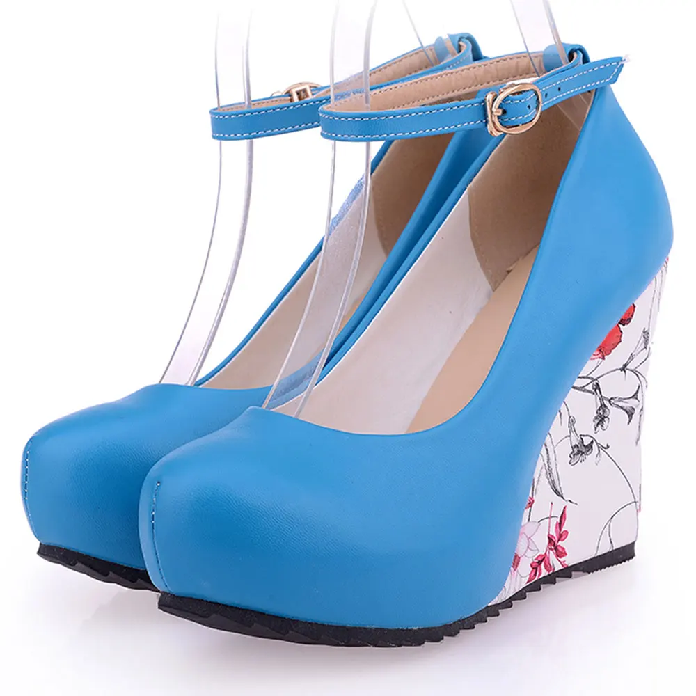 Sgesvier/вечерние свадебные туфли-лодочки на танкетке и высоком каблуке; женские туфли на платформе с ремешком на щиколотке и цветочным принтом; женские туфли-лодочки; большие размеры 34-43 - Цвет: Синий