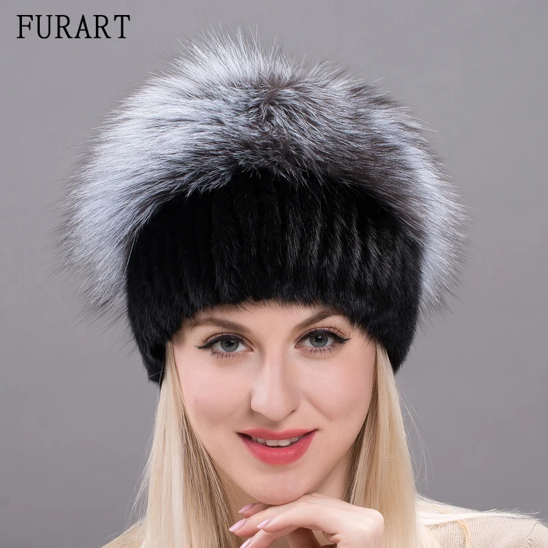 Winter Women's Real Knit Mink Fur Hat With Silver Fox Fur Ladys Warm hat 
