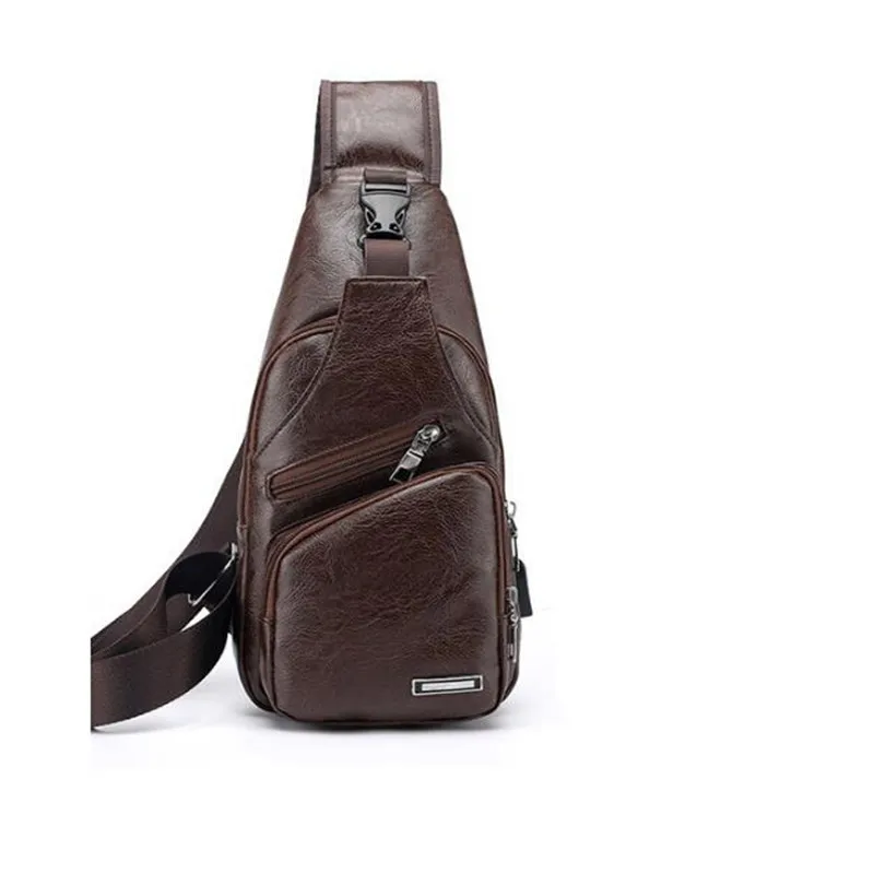 Мужская нагрудная сумка с USB, дизайнерская сумка-мессенджер, мужские сумки через плечо, кожаные сумки на плечо для сотового телефона, мужские дорожные кожаные нагрудные сумки - Цвет: Dark brown