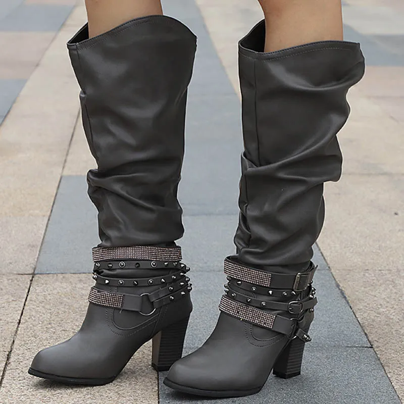 

Women Rivet Crystal Buckle Knee High Boots Chunky Heel Autumn Plus Size Ladies pleated Retro Pumps Female Platform Fashion Shoes