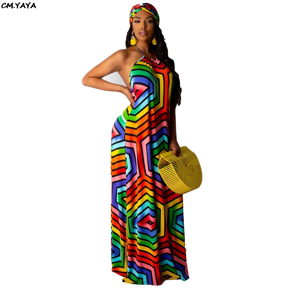 

2019 women new summer rainbow geometric stripes print halter neck open back beach sexy bohemian maxi dress vestidos GLAL049