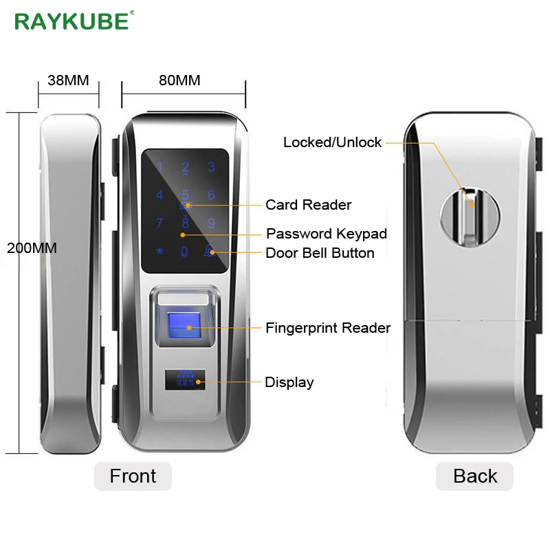 RAYKUBE, стеклянный дверной замок, офисный, без ключа, электрический замок с отпечатком пальца, с сенсорной клавиатурой, смарт-карта, пульт дистанционного управления, ключ, дверной замок, R-W06