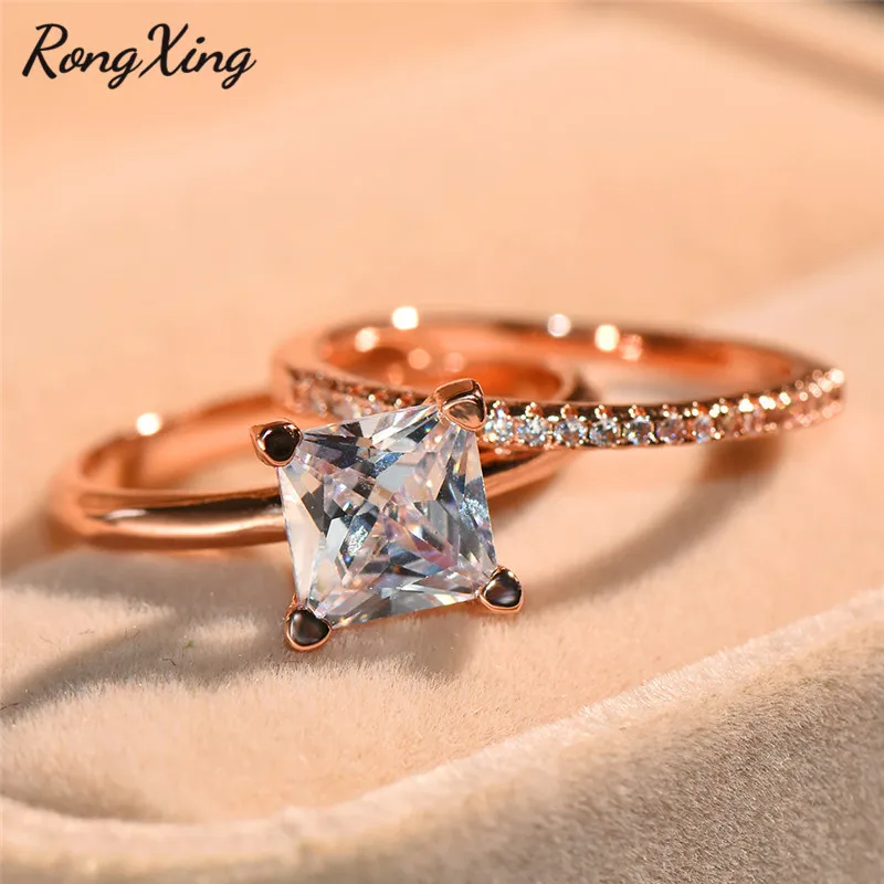 

RongXing Square Cut White Stone Midi Ring Sets Rose Gold Filled AAA Zircon Birthstone Double Joint Rings For Women Jewelry Gift