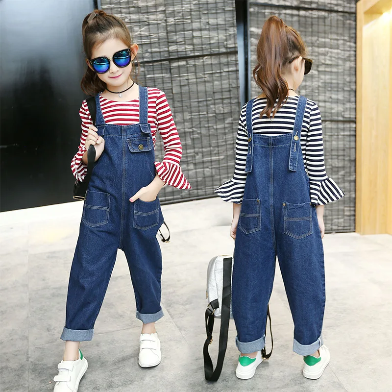 

Girls Fashion Suspenders Jeans 2019 Children Autumn Striped T Shirt + Denim Overall Suits Kids Jumpsuit Clothes Set for Girls 10