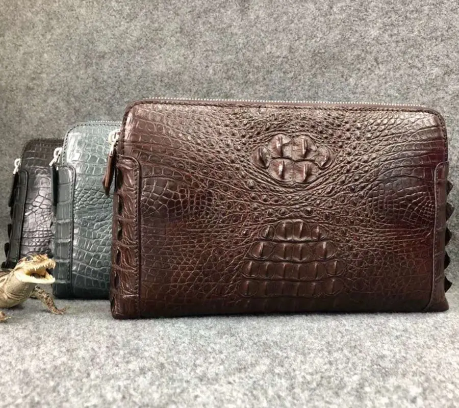 

Genuine Alligator Leather mens clutch bag Double zipper multi functional Crocodile leather wallet clutch w/ wrist strap UBEJ0006