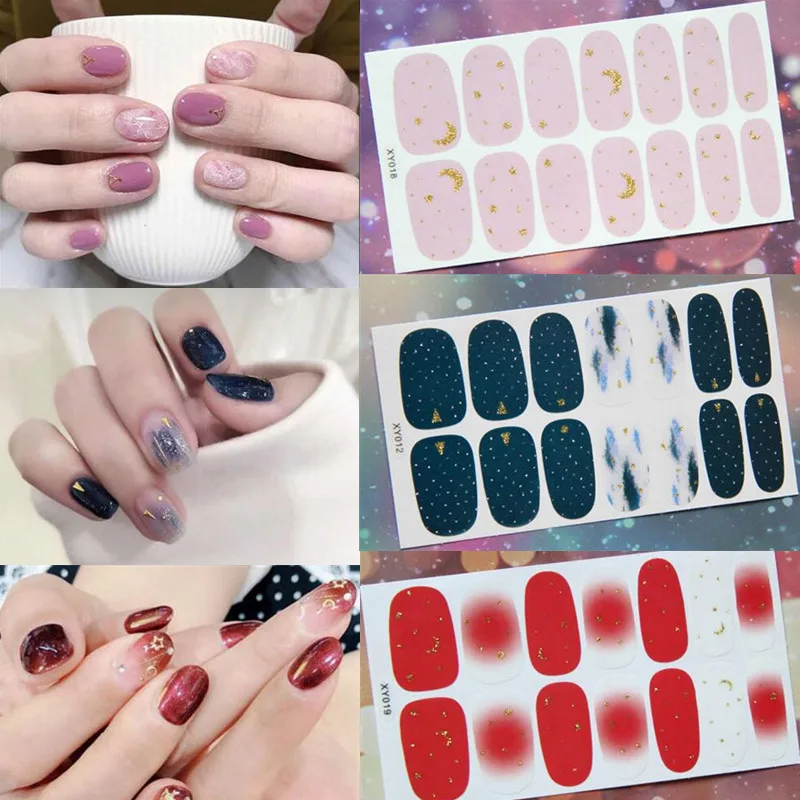

14tips/sheet Shiny Nail Wraps Polish Decals Strips Golden Glitter 3D Adhesive Full Nail Art Stickers Manicure Kits Drop Shipping