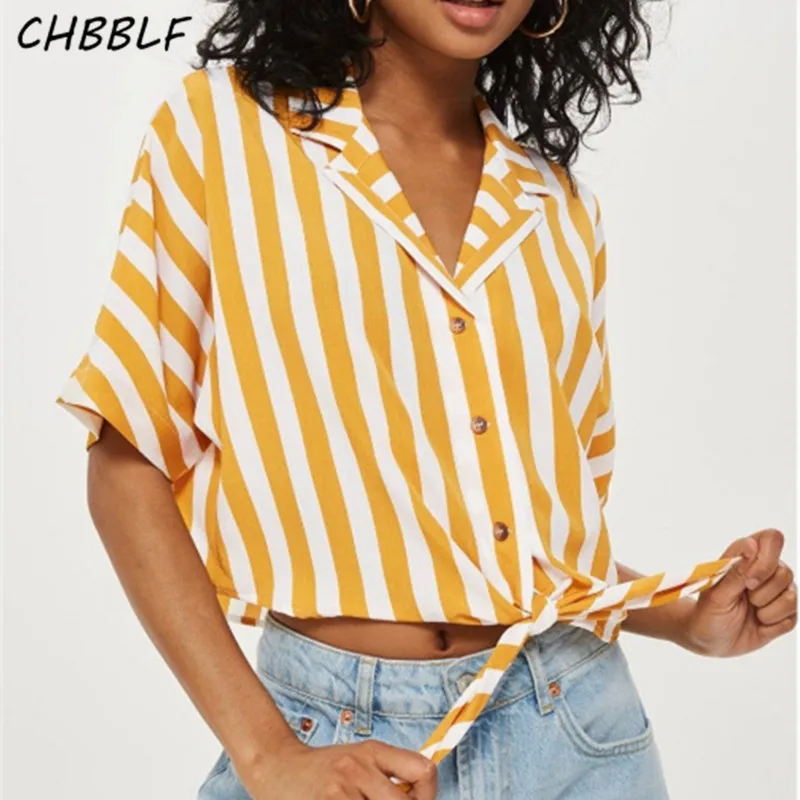 CHBBLF fashion notched collar short style blouses short sleeve striped ...