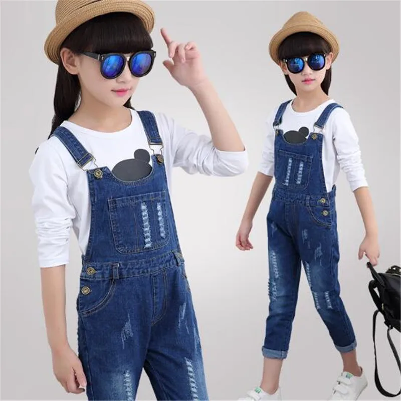

2018 Spring Baby Girl Jeans Jumpsuit Autumn Denim Overalls Infant Clothing Girls Clothes Overalls 4-15T Ripped Holes Cowboy Kids