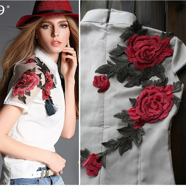 High Quality 3D Peony Flower Clothes Applique Black Organza Embroidery