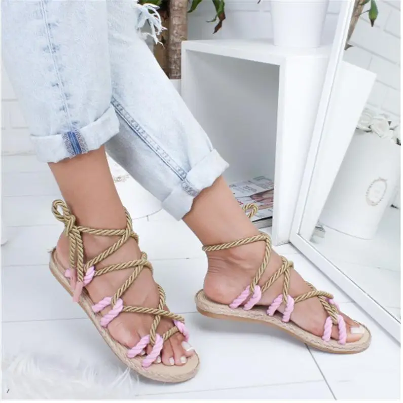 Women Sandals Lace Up Summer Shoes Woman Heels Pointed Fish Mouth Gladiator Pumps Hemp Rope High Knot rope Strap Sexy - Цвет: 144 Pink