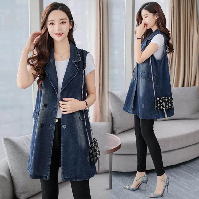 2018 Spring and Autumn Women's Medium Long Solid Dark Blue Denim Vest
