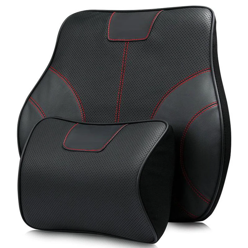 Genuine leather Car Seat Support Pillow Lumbar &Neck Support Waist Rest Headrest Cushion Kit