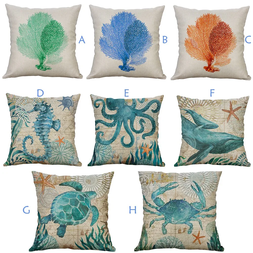 

Pillowcase Marine Life Coral Sea Turtle Seahorse Whale Octopus Cushion Cover Pillow decoration maison Cushion CoverF301213