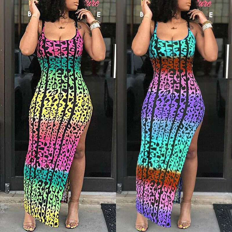 

Sexy Women Bodycon Dress Casual Sleeveless Leopard Print Evening Party Club Long Maxi Dress Ladies Pencil Dresses Womens Dresses