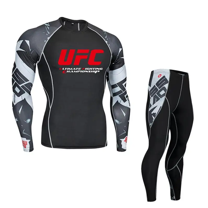 UFC de compresión de hombres ropa funcional manga larga Camiseta MMA lycra Fitness hombres camiseta trousers2 piezas|Conjuntos para hombres| -