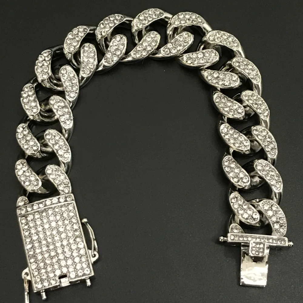 Baratos 2cm Hip Hop joyería collar cristal Miami cadena cubana lujo oro plateado reloj amp collar amp pulsera conjunto combinado para hombres