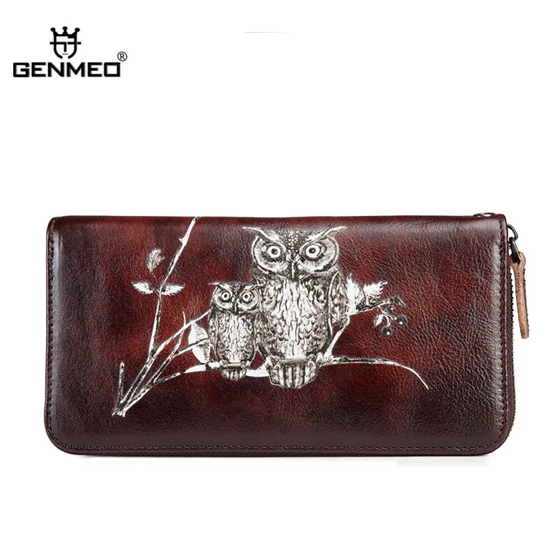 

GENMEO New Genuine Leather 3D Owl Pattern Wallet Women Cowhide Clutch Bag Vintage Coffee Female Coin Purse Bolsa Feminina