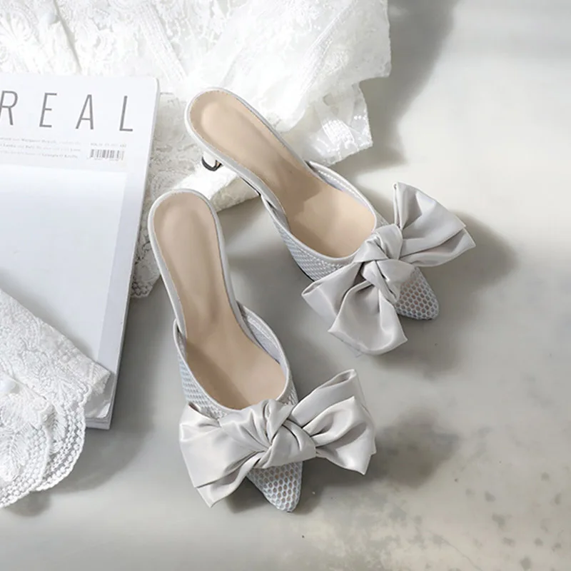 

Pointed mesh sandals worn outside summer new style Openwork bow Sling with stiletto slippers Female half slippers women shoes