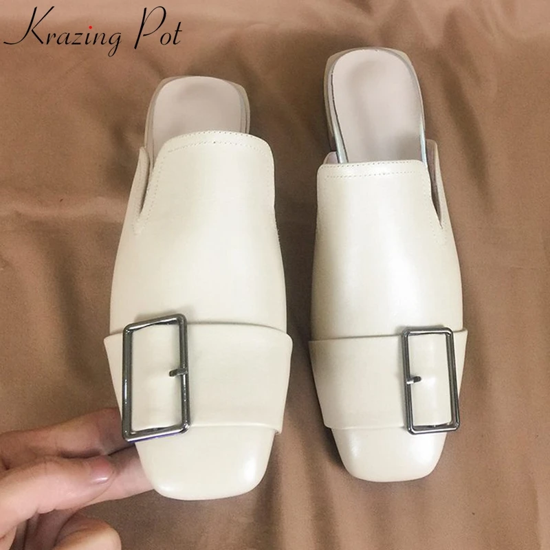 

Krazing Pot 2019 full grain leather square toe metal decoration outside slippers Korean version low heels preppy style mules l11