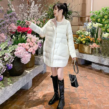 

2019 Winter New Thin Section Korean Down Jacket Fashion Stand Collar Loose Coat Quality Long Paragraph White Duck Down Jacket 24