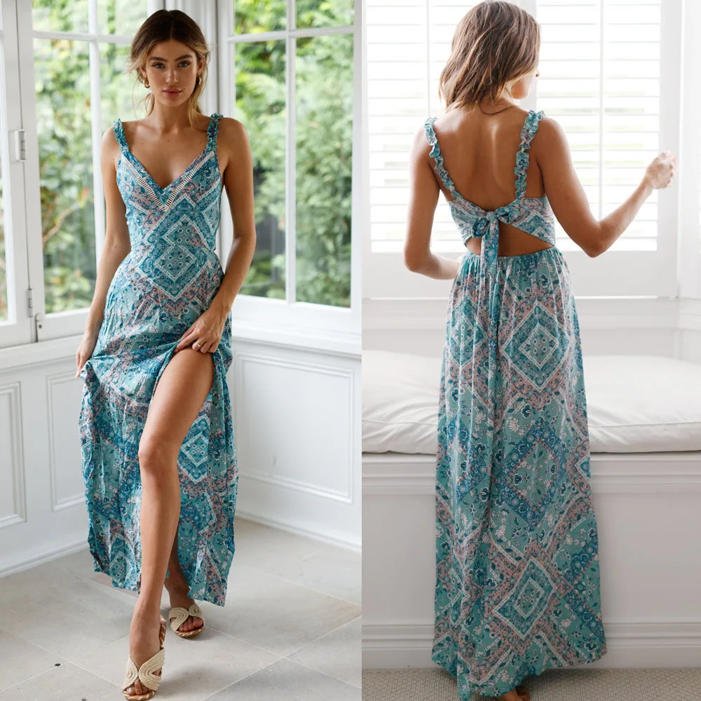 

Women's Fashion V Neck Long Shirt Sleeveless Charming Bandage Maxi Strappy Dress