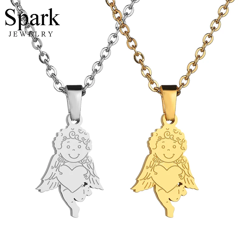 

Spark Love Heart Angel Pendant Necklace Stainless Steel Cute Wings Cherub Necklaces For Women Wedding Engagement Bridal Gifts