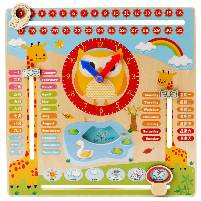 Милая сова календарь часы головоломка деревянная доска Монтессори Обучающие деревянные игрушки Монтессори деревянный пазл для детей UD0564H