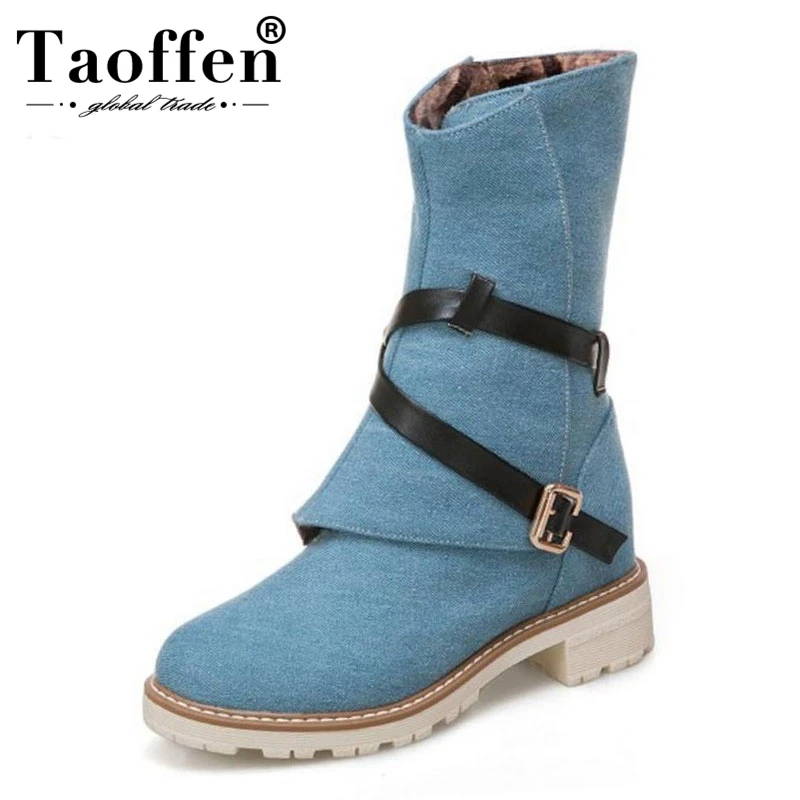 

TAOFFEN Women Boots Buckle Platform Warm Mid Calf Boots Fashion Zipper Short Boots Winter Fur Shoes Woman Footwear Size 34-43