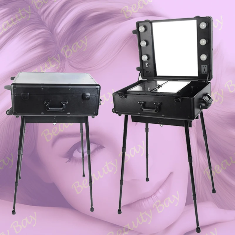 Buy trolley aluminium aluminum makeup cosmetic case with mirror lights bulbs