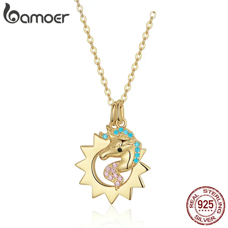 

bamoer Mysterious Licorne and Sun Necklace for Women Gold Color Sterling Silver 925 Chain Pendant Necklaces Femme Bijoux SCN337