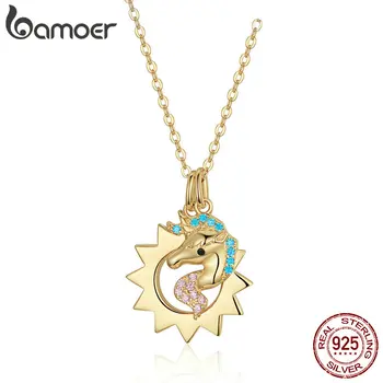 

bamoer Mysterious Licorne and Sun Necklace for Women Gold Color Sterling Silver 925 Chain Pendant Necklaces Femme Bijoux SCN337