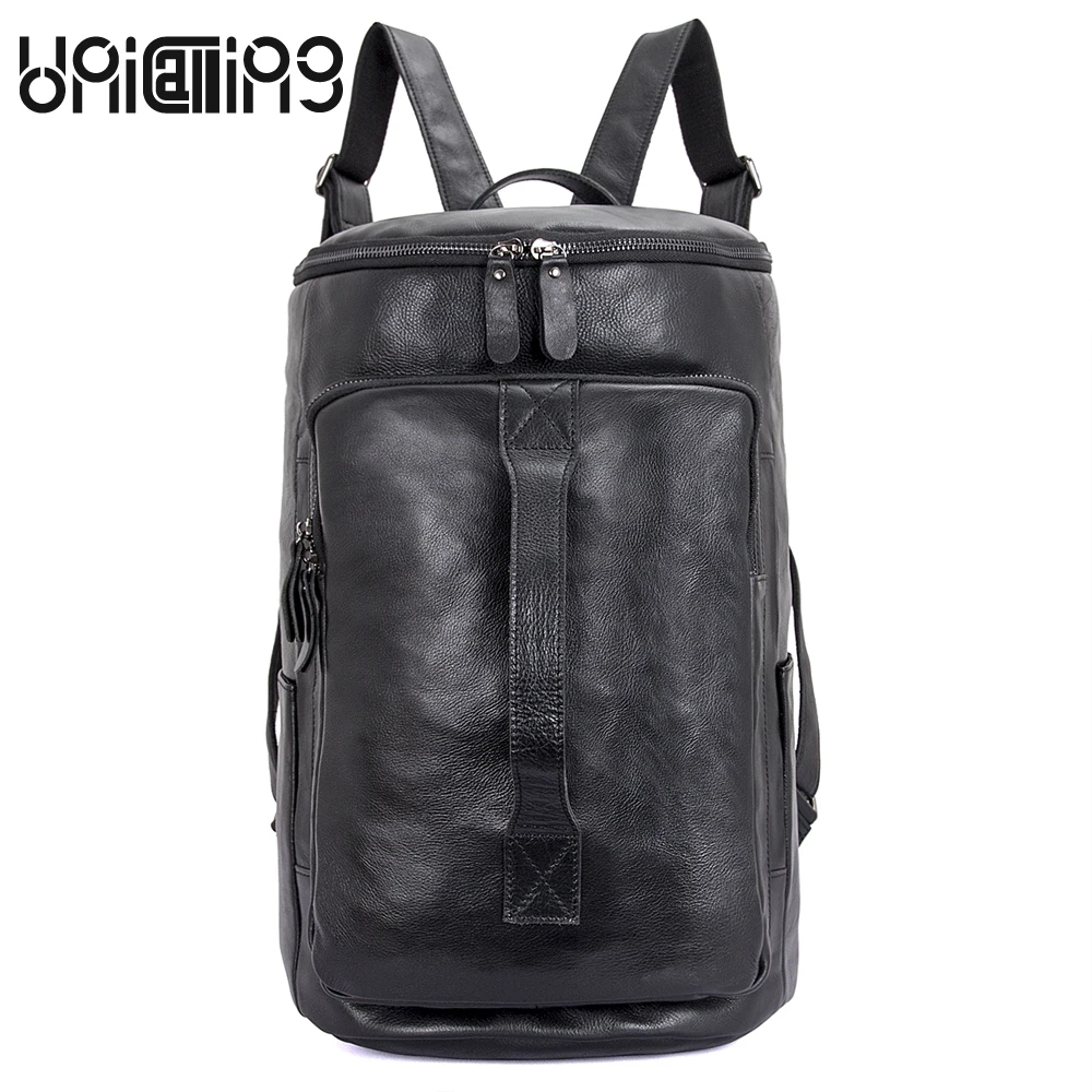 

UniCalling Cow Leather Bucket Bag Large capacity backpack men Fashion brand genuine leather laptop bag Retro zipper backpack